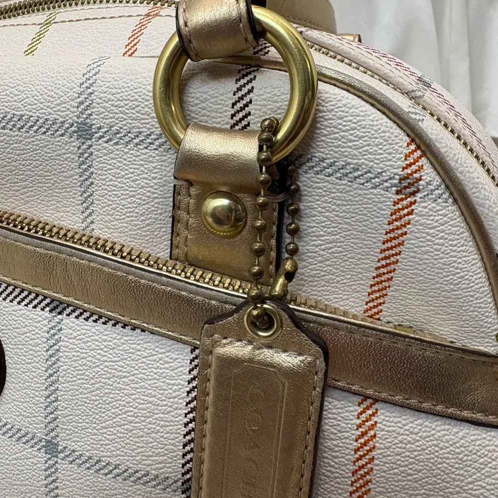 Coach F18837 Plaid Satchel Shoulder Bag White & Gold Metallic Trim
